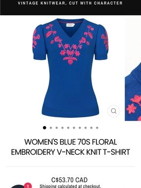 OXKNIT Blue V-Neck Knit Top with Pink Floral Embroidery